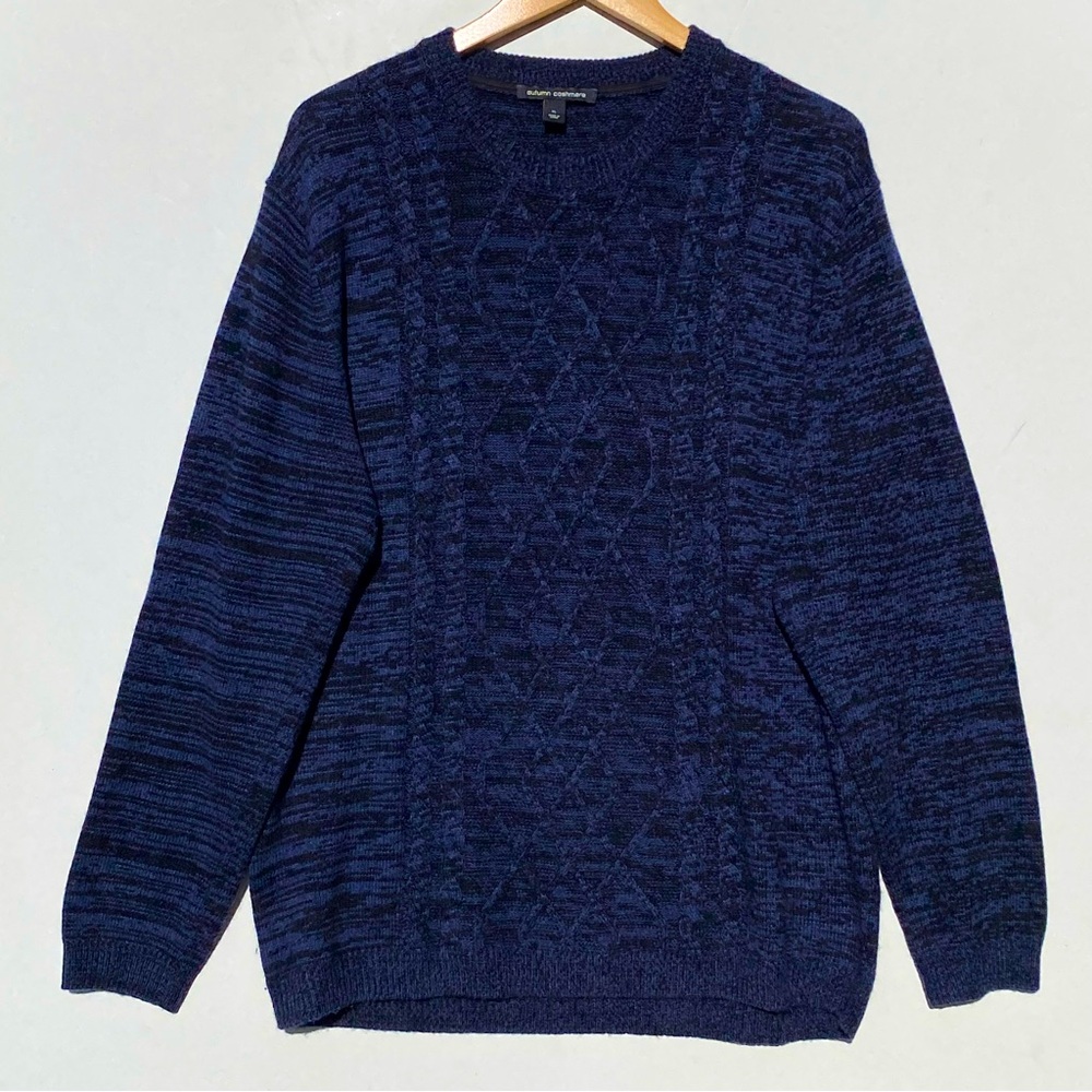 AUTUMN CASHMERE Men’s Cashmere blend Blue and Black Cableknit Crewneck sweater